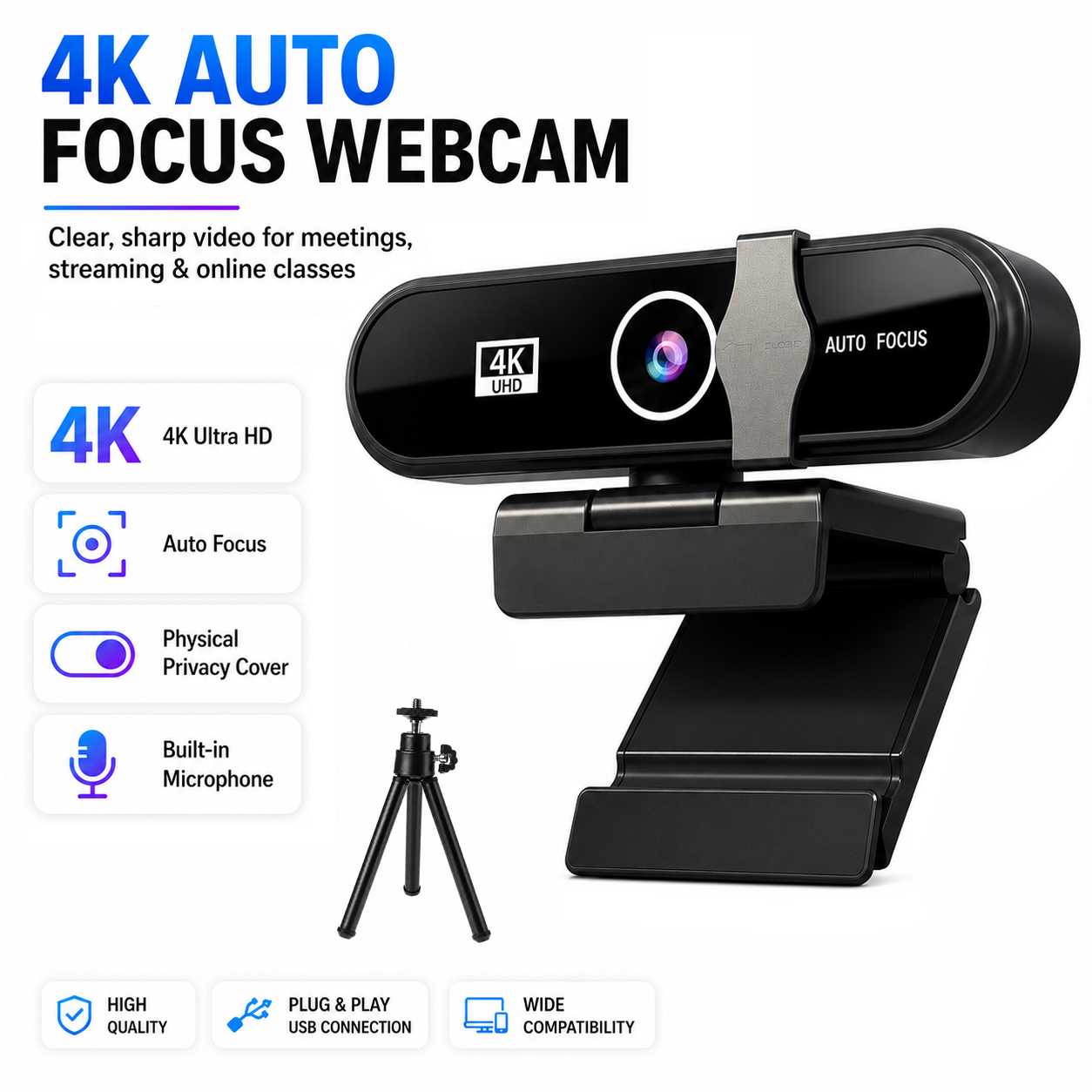 Webcam Ultra 4K HD Com Microfone , Cancelamento De Ruído , Obturador De Privacidade , Tripé , Lente Grande Angular E Cor