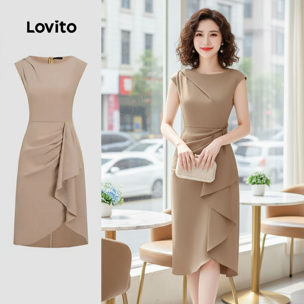 Lovito Vestido Feminino Elegante Assimétrico com Pregas para Trabalho Primavera/Verão Caqui L155ED1811 em Oferta na Shopee