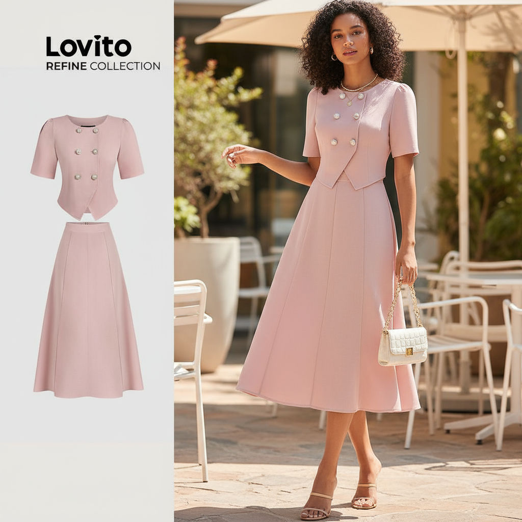 (Lovito Refine) Conjuntos Saia Elegantes Estrutura Botões Duplos Rosa LR12L025\5