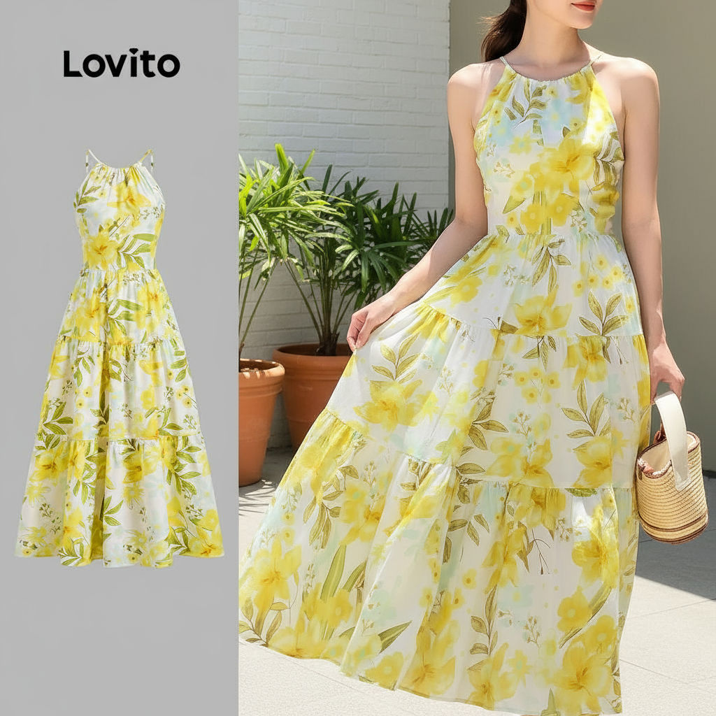 Lovito Vestido Boho Feminino para Natal, Zíper Frontal, Franzido, Toque Macio, Primavera/Verão L137LD194