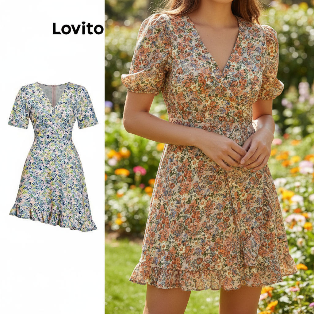 Lovito Vestido Feminino Casual Floral com Babados e Renda para Verão/Primavera L79AD059 em Oferta na Shopee