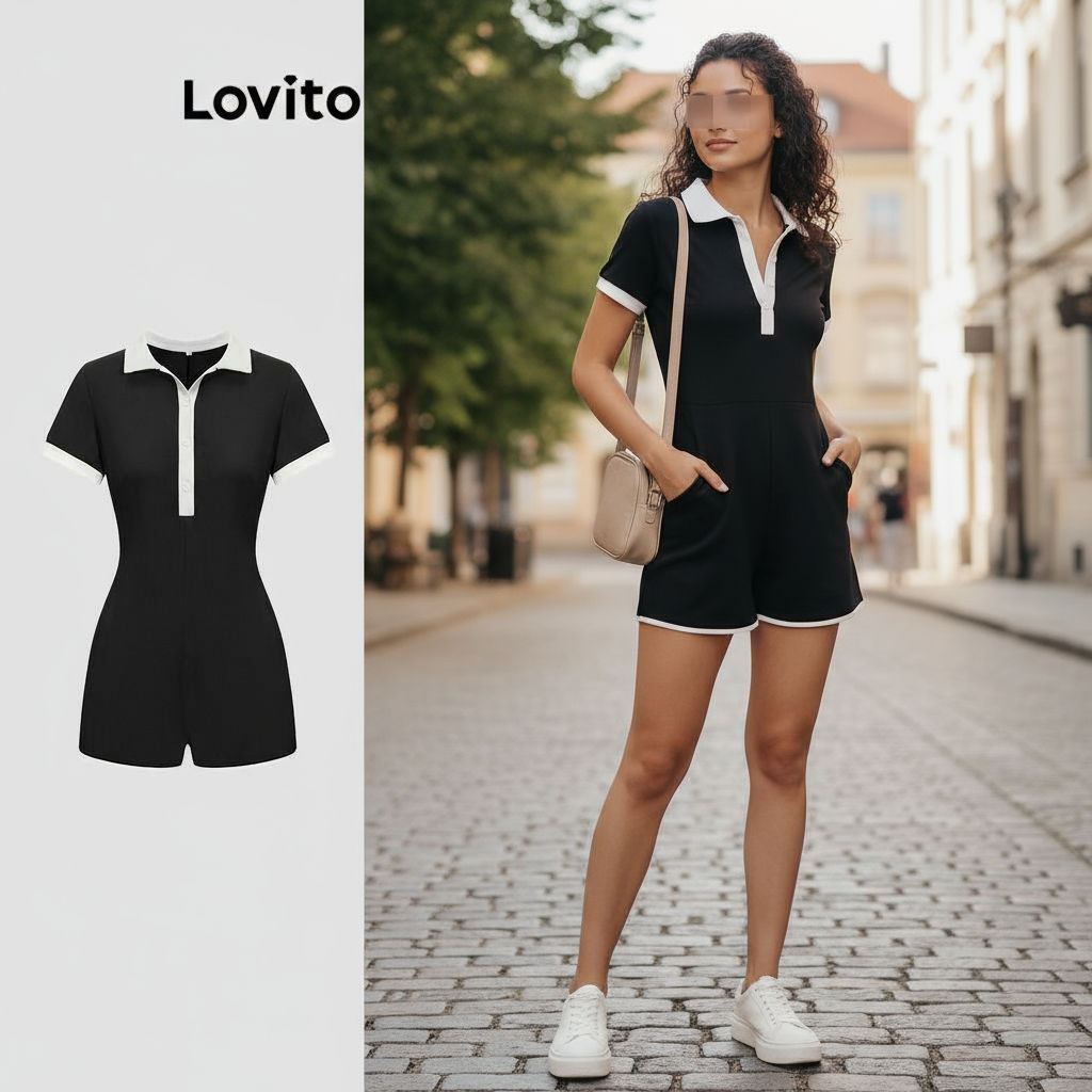 (Trendy2) Lovito Macacão Esportivo Liso Com Blocos De Cores Para Verão/primavera Para Mulheres L89ED127 em Oferta na Shopee