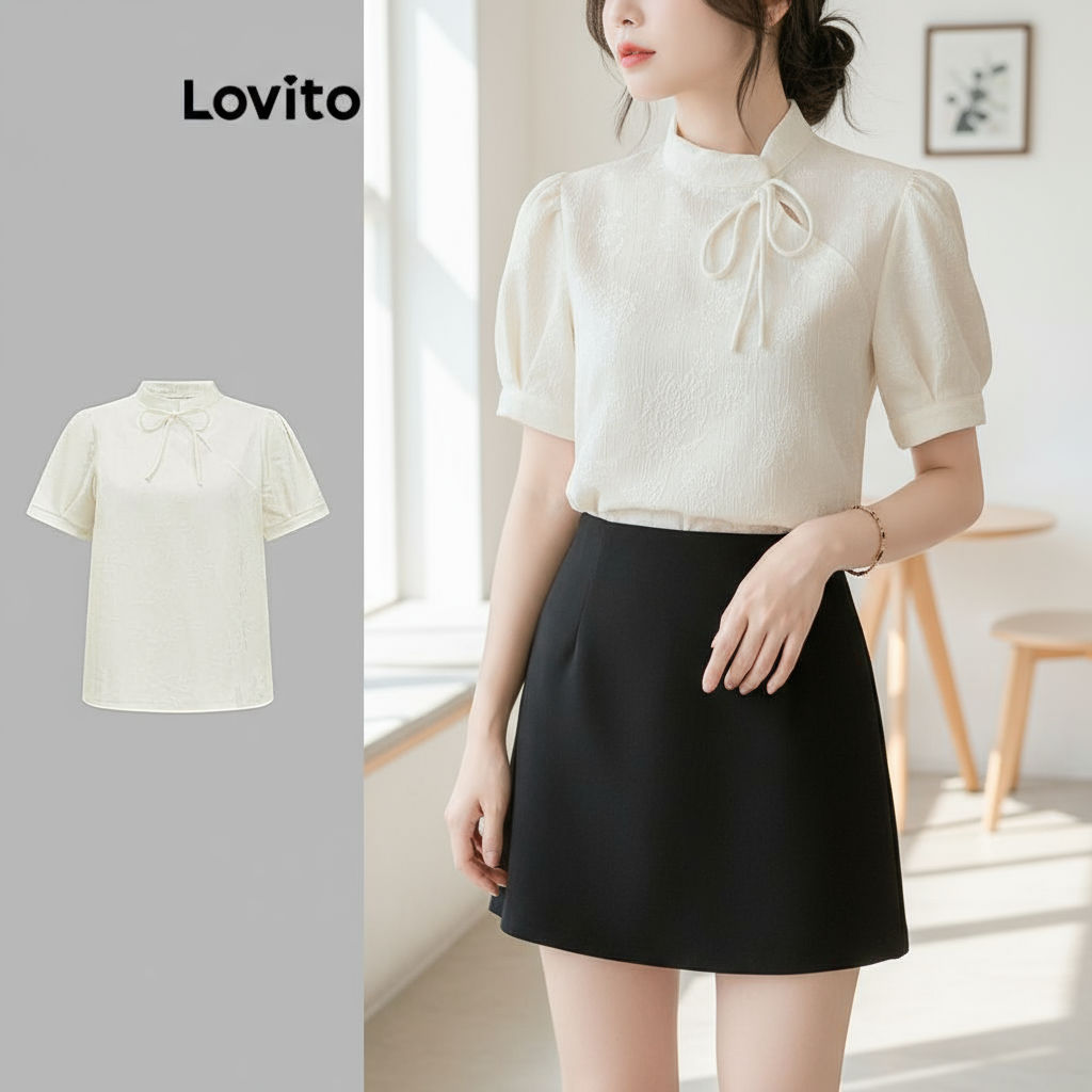 trendy6-Lovito Blusa Casual Blusa De Verão Com Fivela Lisa Para Mulheres L110AD545