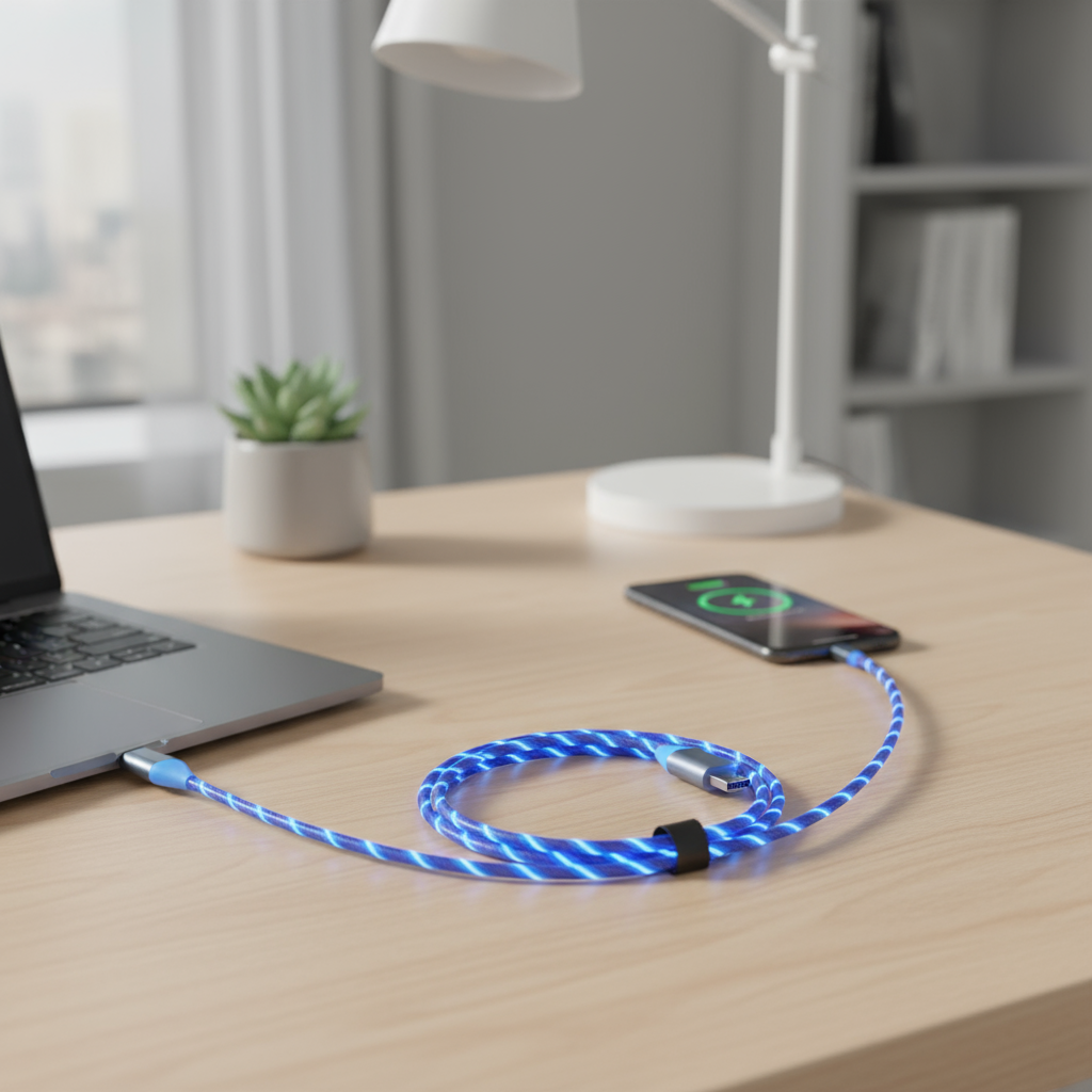 Cabo Luminoso LED Brilhante 3A USB 1M – Cabo de Carregamento com Luz Fluindo para Micro USB & Type-C, Cabo de