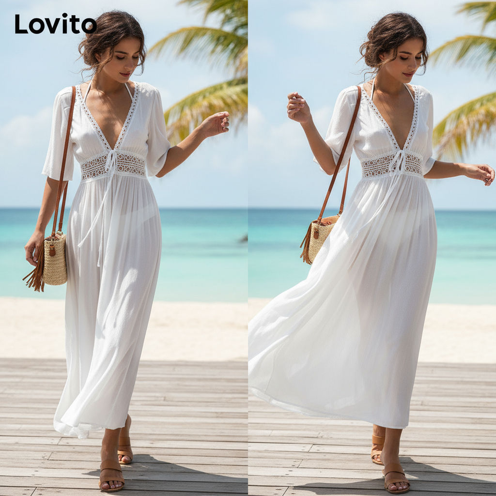 (Trendy2) Lovito Kimono casual com costura em tecido liso para mulheres LNE60448