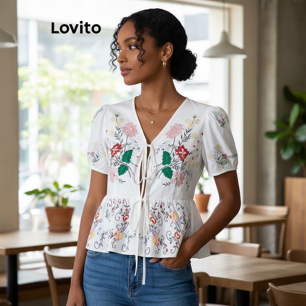 Lovito Blusa Boho Tropical Lace Up Flores Blusa Feminina para Verão/Primavera LBL20087 em Oferta na Shopee