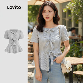 (trendy4)Lovito Blusa Casual listrada com gravata frontal e babados para mulheres L129ED753 em Oferta na Shopee