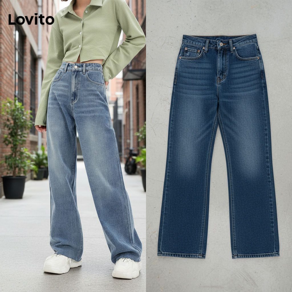 (trendy6)Lovito Calças Jeans Flare Casual Lisas com Cintura Alta L30AD050 (Azul) em Oferta na Shopee