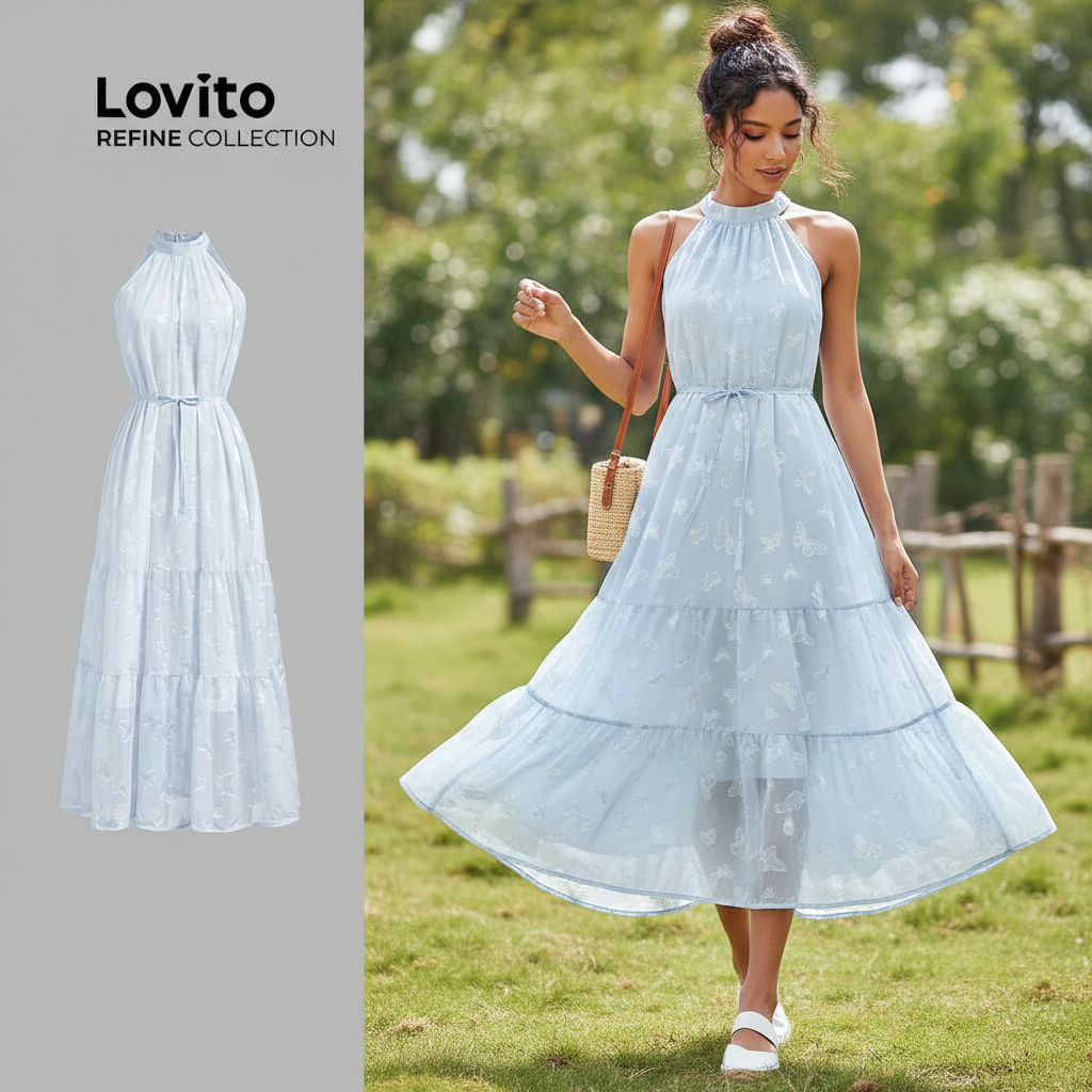 Lovito Vestido Refine Boho Liso Jacquard Azul para Mulheres - Verão/Primavera LR11AD076