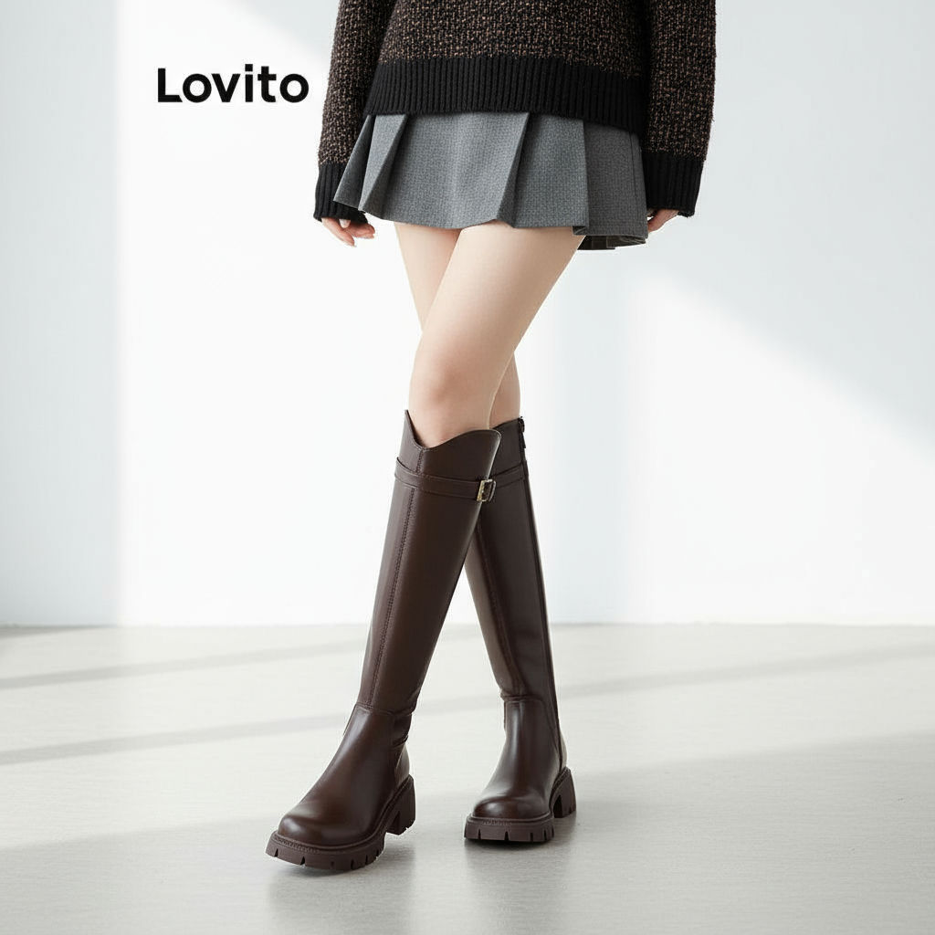 Lovito Bota Feminina Casual de Tubo Longo com Sola Versátil e Estilo Britânico LFA62301 em Oferta na Shopee