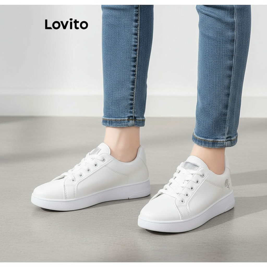 Lovito Tênis Esportivo Feminino Branco Liso Versátil para Uso Diário LFA60359 em Oferta na Shopee
