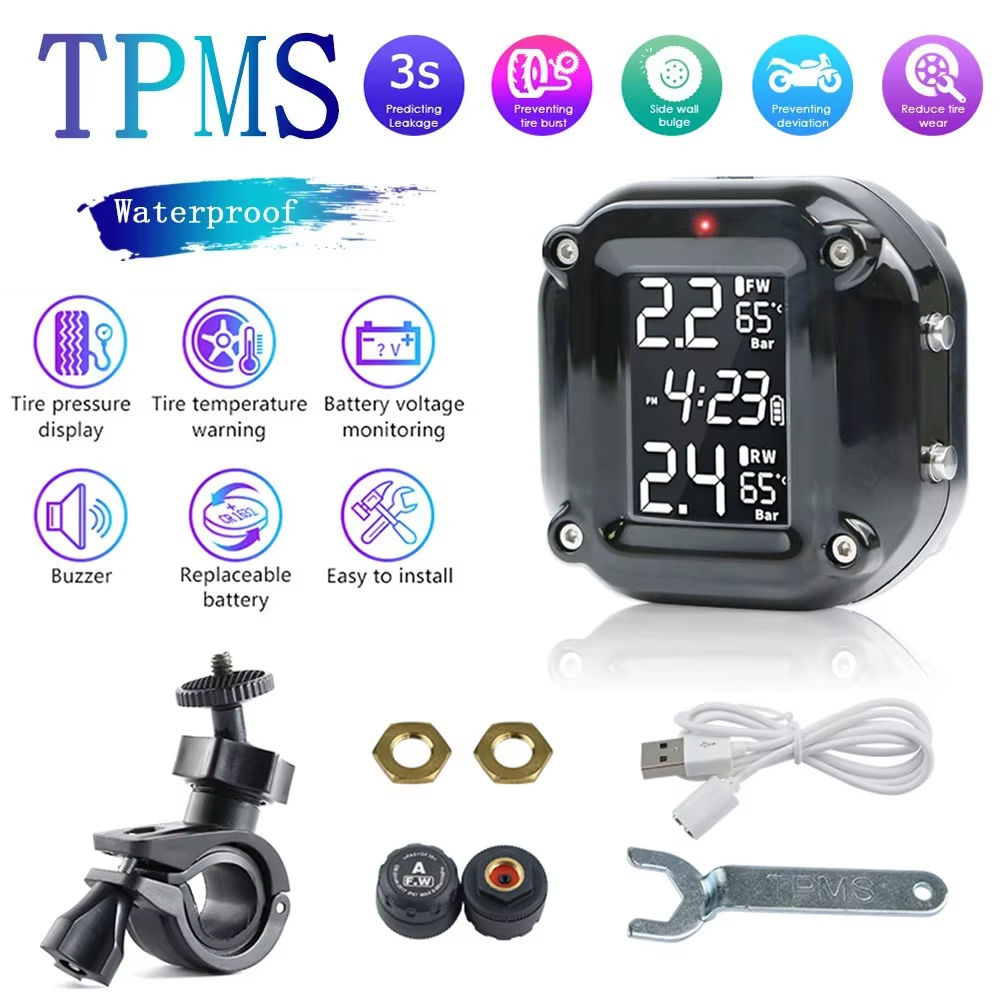 Sistema De Monitoramento De Pressão De Pneus De Moto Com Tela Colorida Sensores Externos De 2 Rodas Tpms Para Motociclet