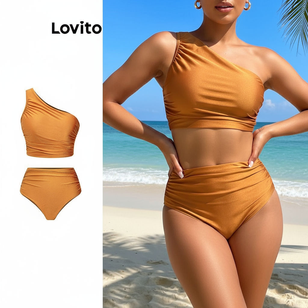 Lovito Biquíni Conjunto Casual Liso Assimétrico Feminino LBL16822 em Oferta na Shopee