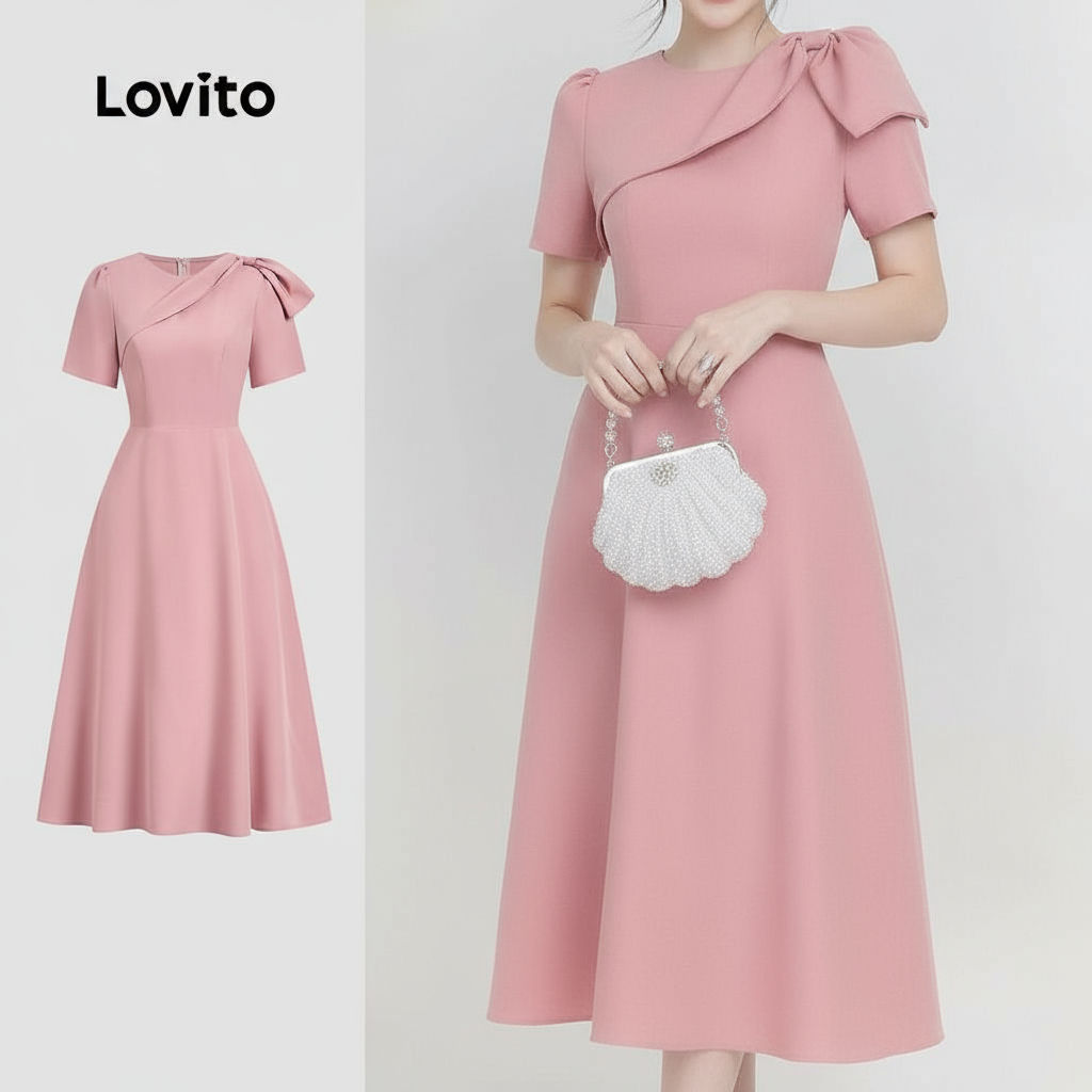 Lovito Vestido Feminino Elegante Rosa com Nó Liso Primavera Verão L134LD123