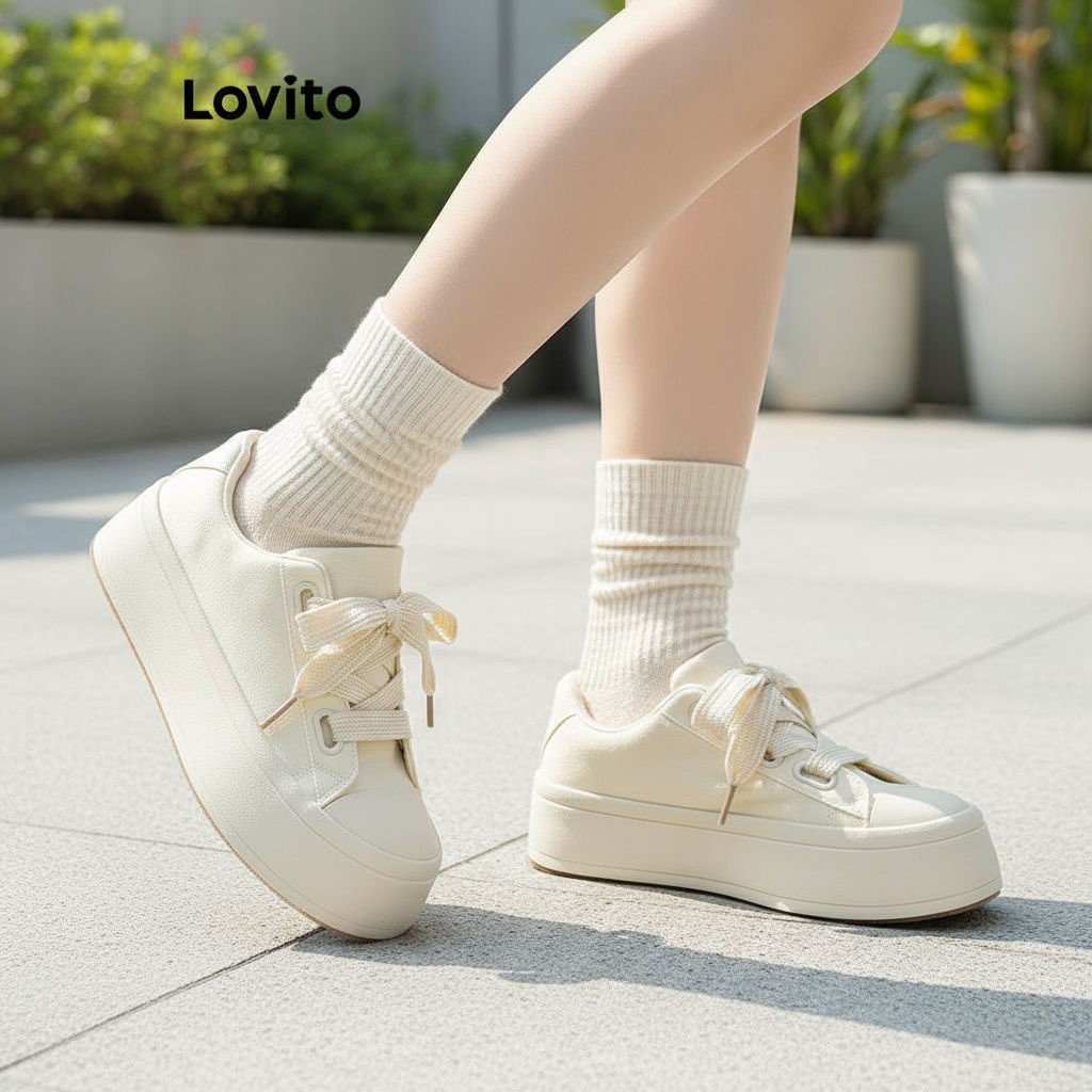 Lovito Tênis Casuais Femininos Sola Grossa Lisa LFA20372 em Oferta na Shopee