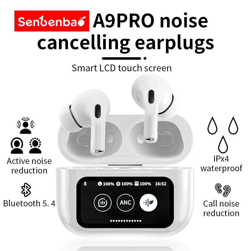 Fones de ouvido Senbenbao A9 Pro sem fio, Bluetooth 5.4, com cancelamento de ruído ANC, microfone integrado e tela