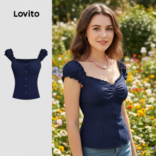 Lovito Blusa Elegante de Botão Frente Primavera/verão Blusa Marinho para Mulheres L154LD374\5 em Oferta na Shopee
