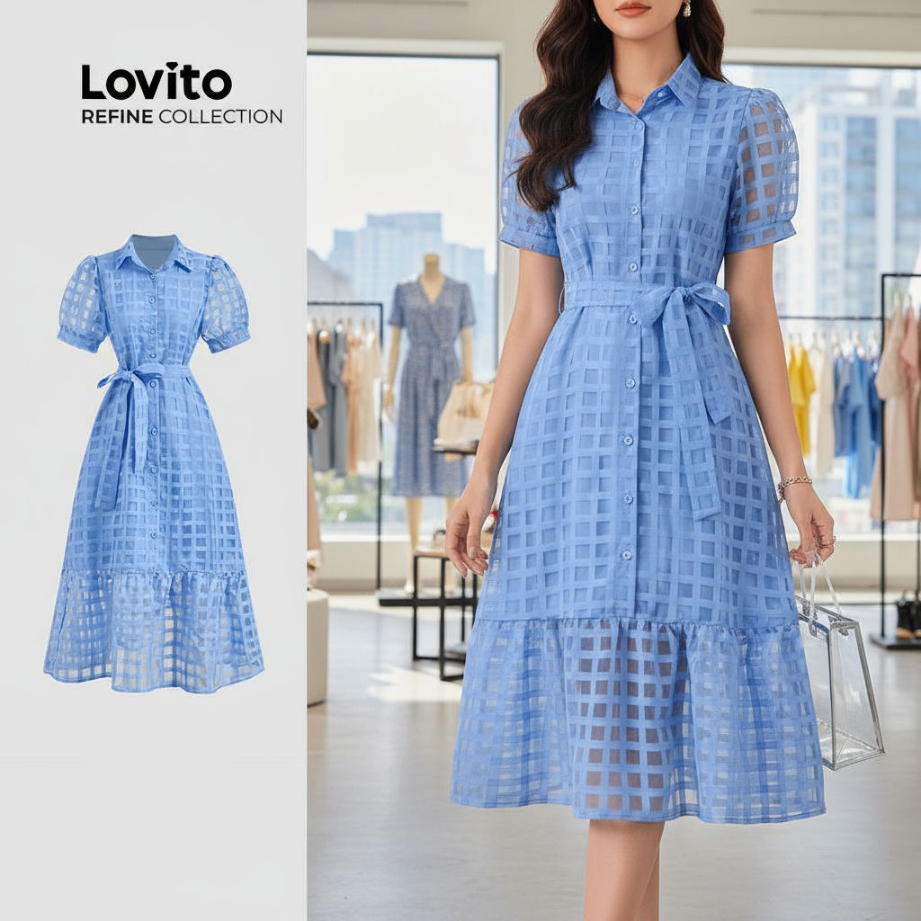 Lovito Refine Vestido Feminino Elegante com Botões e Cinto para Primavera/Verão na Cor Azul LR13L065 em Oferta na Shopee