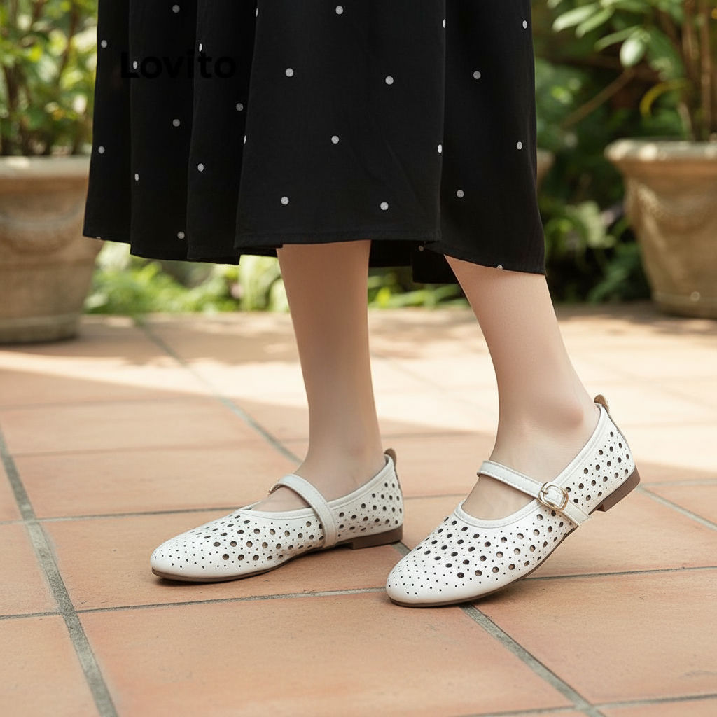 (Trendy2) Lovito Fivela Casual Retro Esqueleto Fundo Macio Primavera E Verão Ballet Plana Para Mulher LFA67236