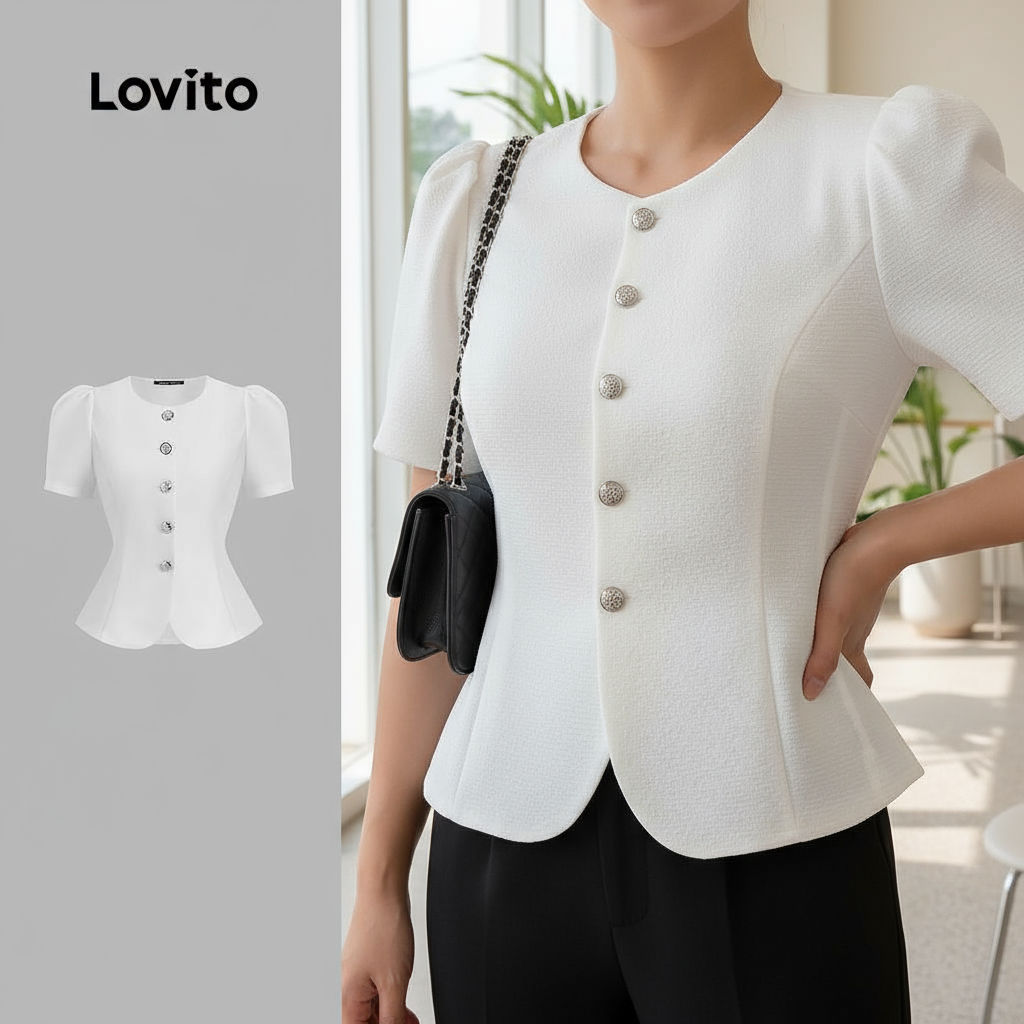 Lovito Blusa Feminina Elegante de Botões para Uso Diário, Perfeita para Primavera/Verão, Cor Off-white, Modelo L138ED319 em Oferta na Shopee