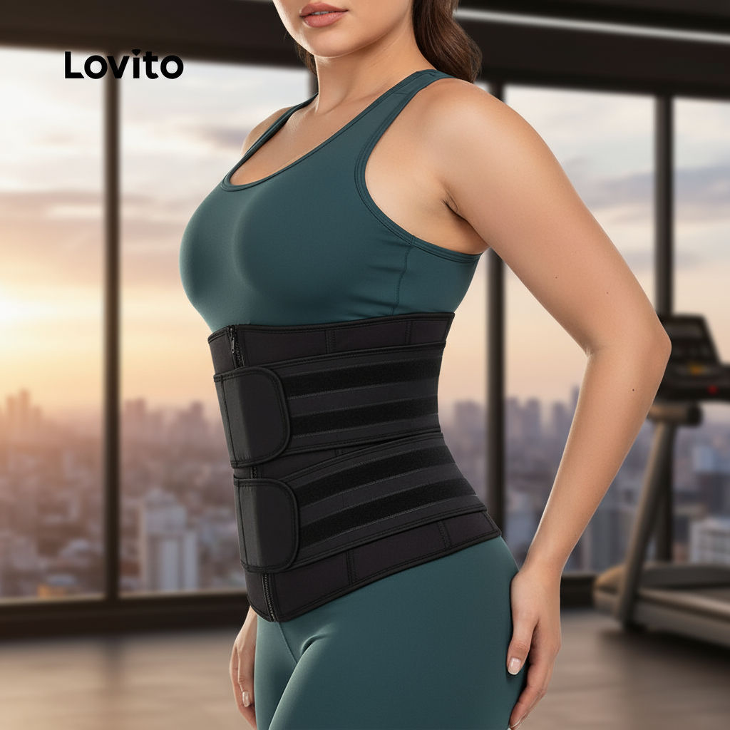 Lovito Modelador Fitness Feminino Preto com Zíper Elástico e Controle de Barriga LNE39476 em Oferta na Shopee
