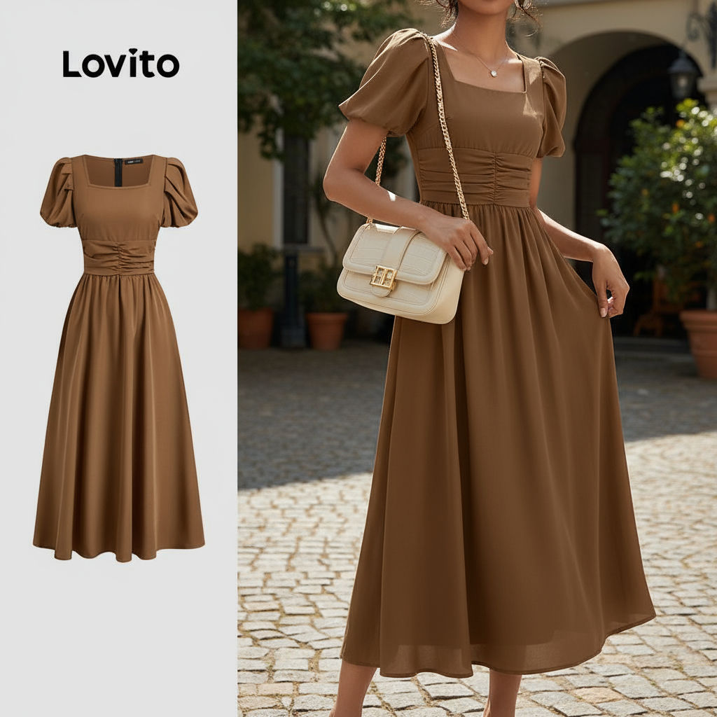 Lovito Vestido Feminino de Primavera/verão Casual Plissado Macio e Confortável Na Cor marrom L137ED127\3 em Oferta na Shopee
