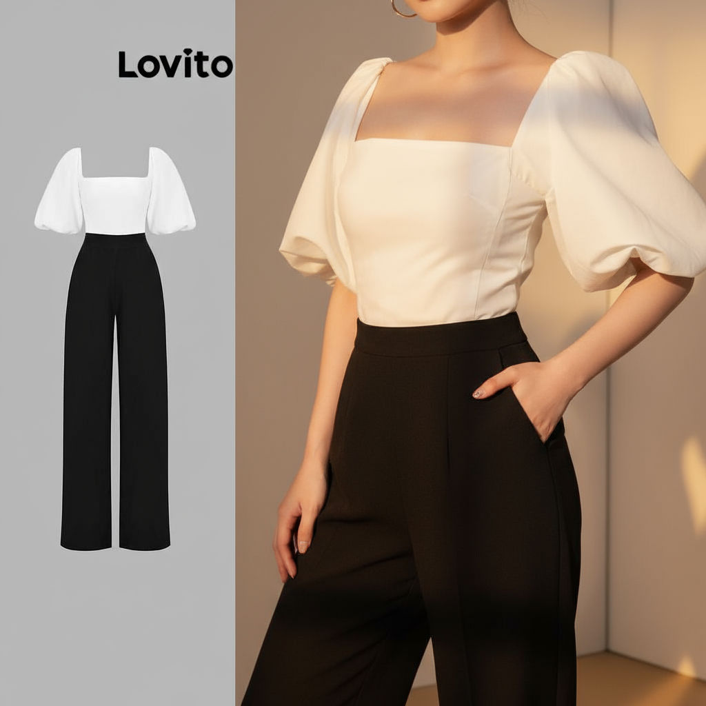 Lovito Macacão Feminino Casual com Drapeado e Colorblock para Verão/Primavera L110AD1310 em Oferta na Shopee