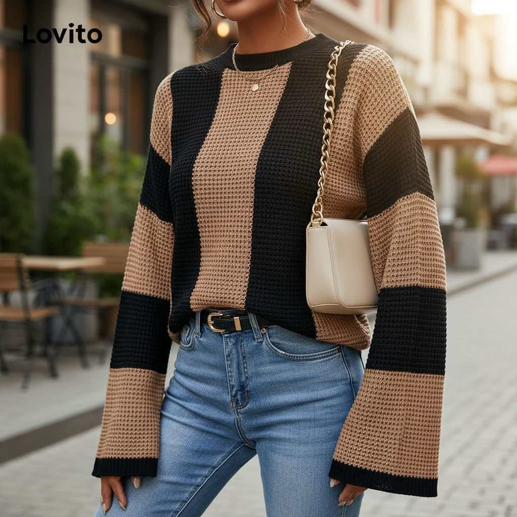 Lovito Suéter Listrado Colorblock Feminino Casual LNL55321 em Oferta na Shopee