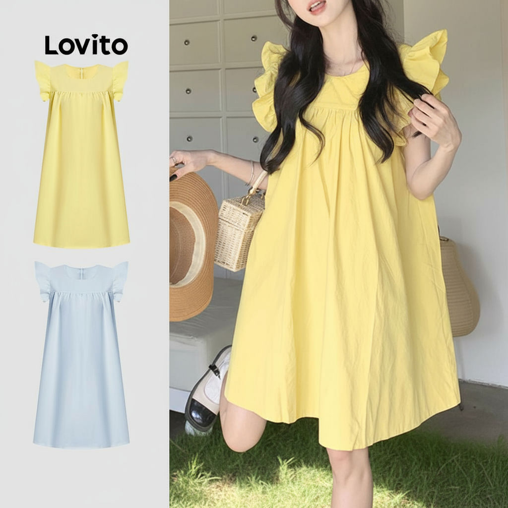 Lovito Vestido Feminino Casual com Babados Drapeado para Verão e Primavera L177AD076 em Oferta na Shopee