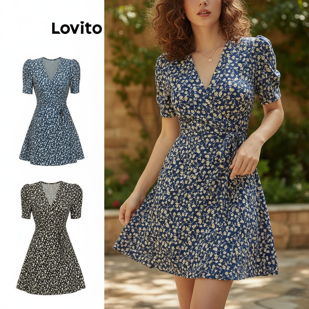 Lovito Vestido Feminino Floral Delicado com Amarração - Moda Verão/Primavera L80ED279 em Oferta na Shopee