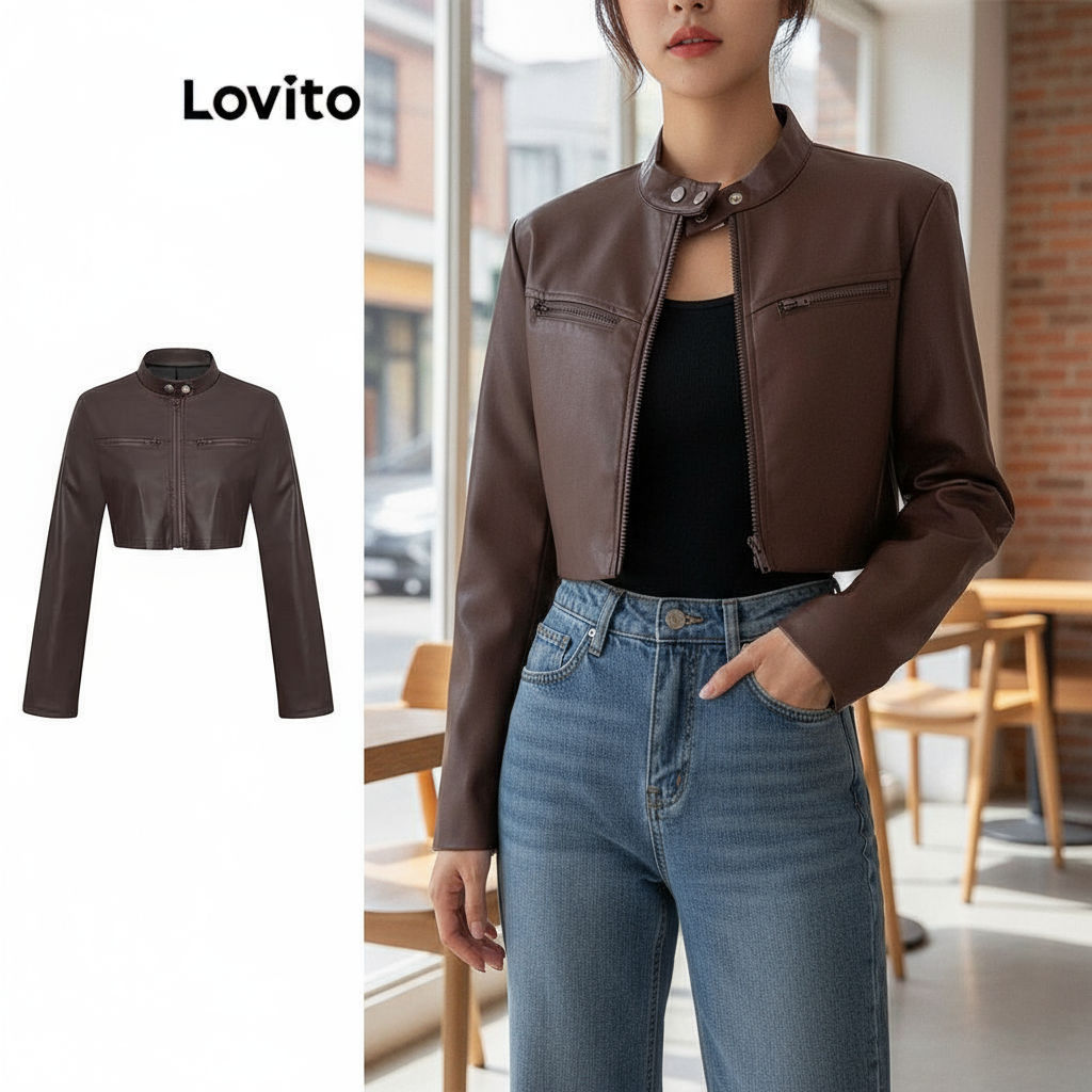 Lovito Jaqueta Feminina Casual Corta-Vento com Zíper Impermeável e Detalhes Pontilhados L106AD280 em Oferta na Shopee
