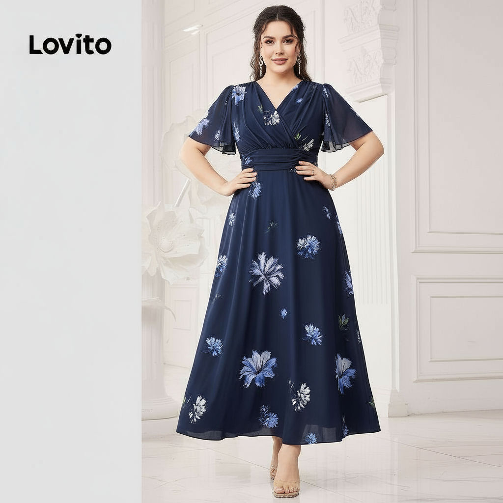 Lovito Vestido Feminino Plus Size Estampado Floral com Babados para Primavera/Verão em Oferta na Shopee
