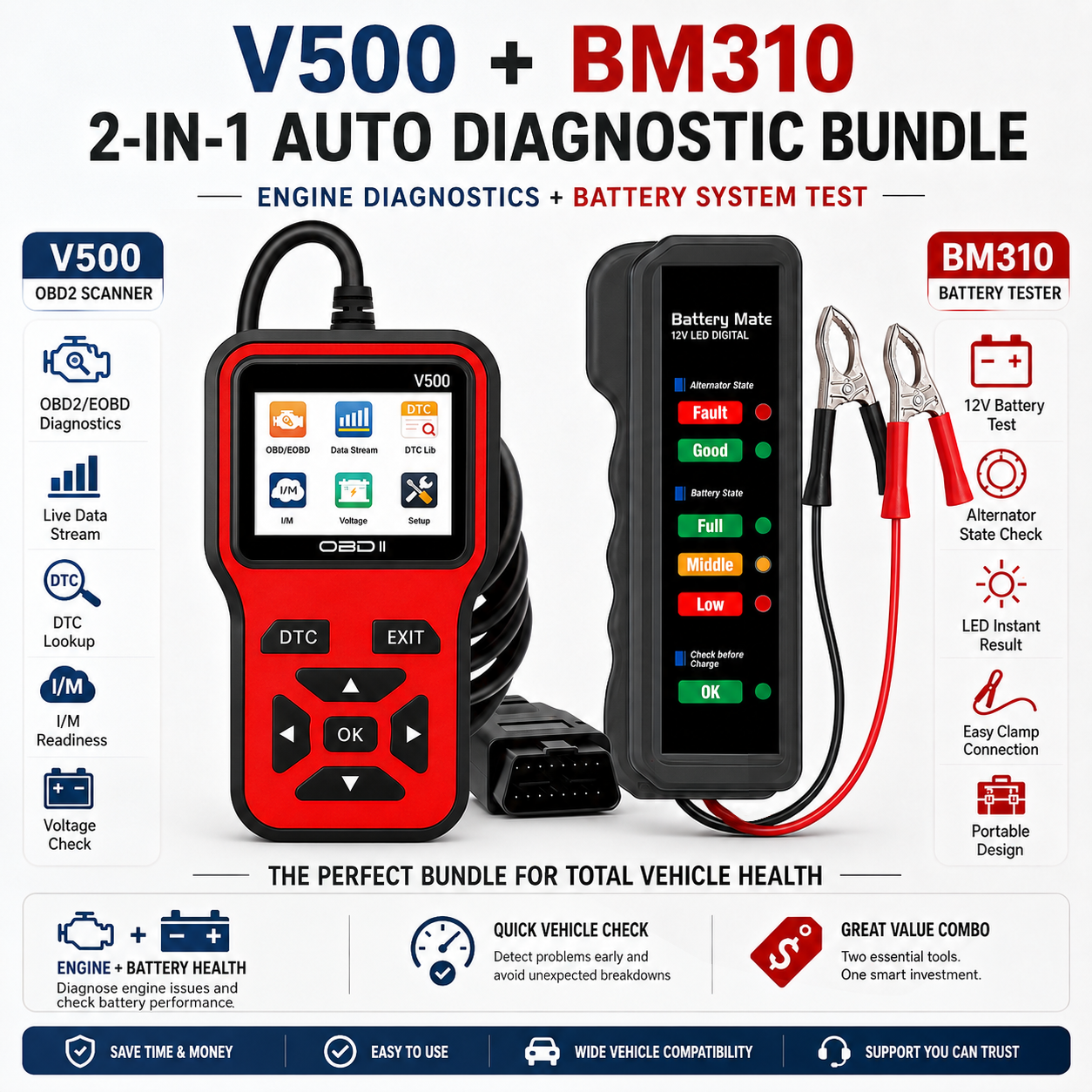 Scanner OBD2 V500 Kit Testador de Bateria BM310 12V Ferramenta de Diagnóstico para Carro Leitor de Dados em Tempo Real
