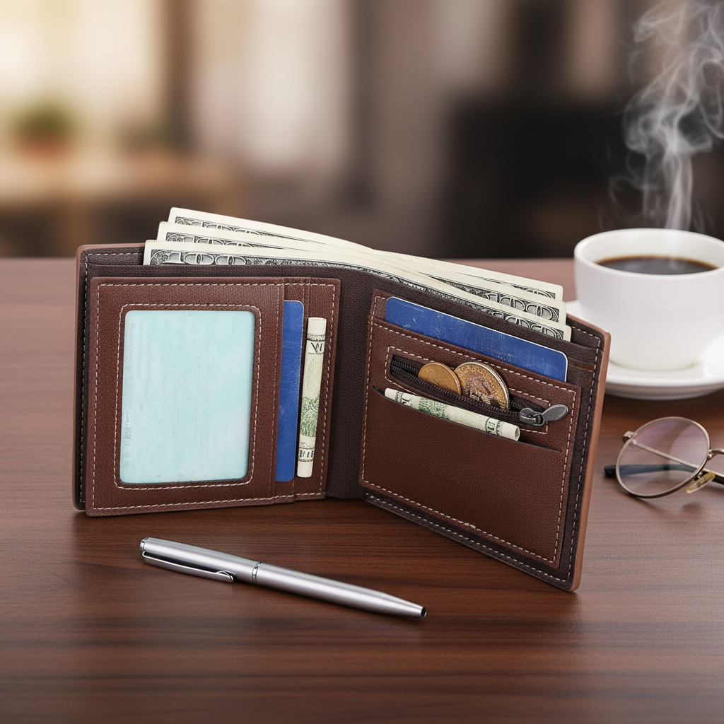  Carteira Masculina Curta - Design Contemporâneo em Couro Costurado com Zíper para Moedas e Alça Transversal