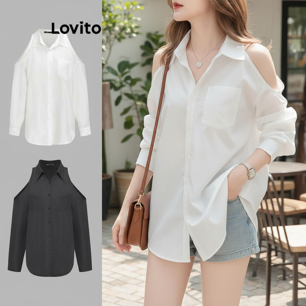 Lovito Blusa Feminina Casual Liso com Recortes em Branco - L67AD001 em Oferta na Shopee