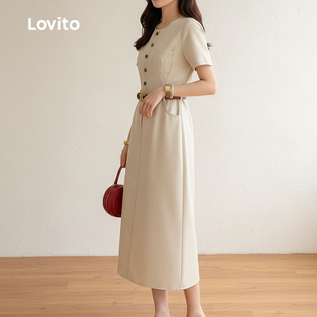 Lovito Vestido Casual Feminino Sarja Cáqui Botões Frontais para Verão/Primavera L146LD108 em Oferta na Shopee