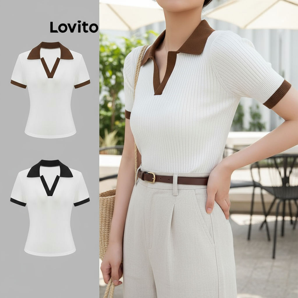 Lovito Camiseta Casual Feminina em Tecido Texturizado com Gola Contrastante e Patchwork L121AD1107 em Oferta na Shopee