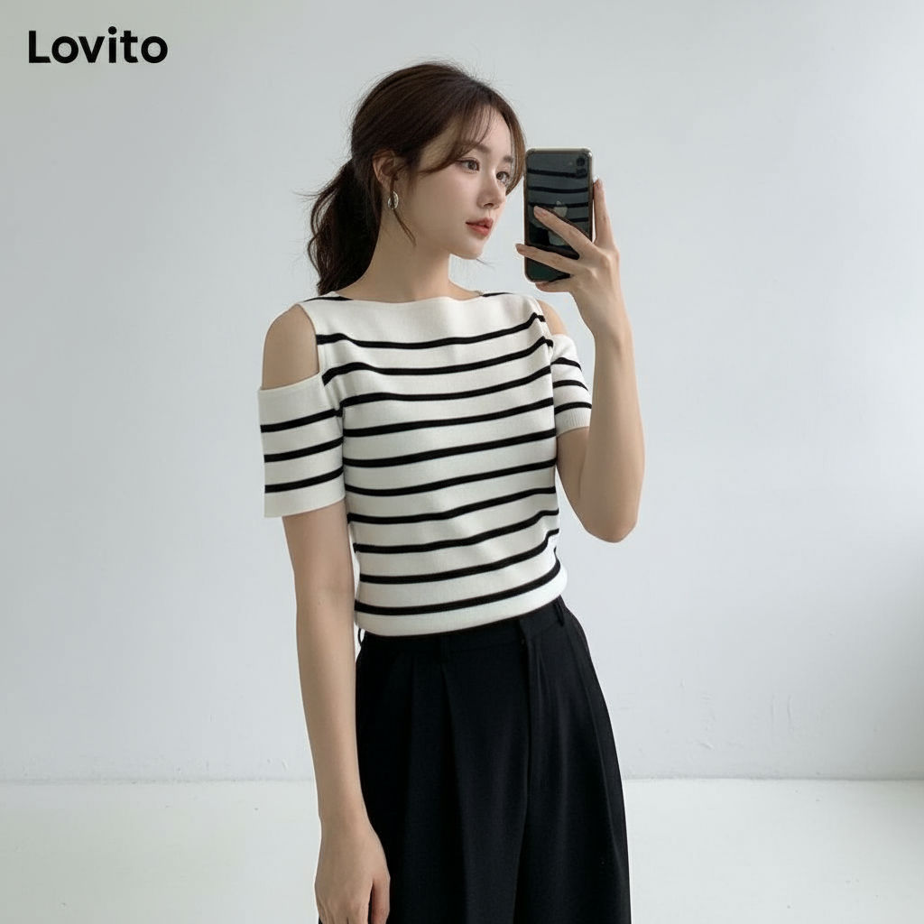 Lovito Camiseta Casual Listrada De Frio Para Mulheres LNA21258\6