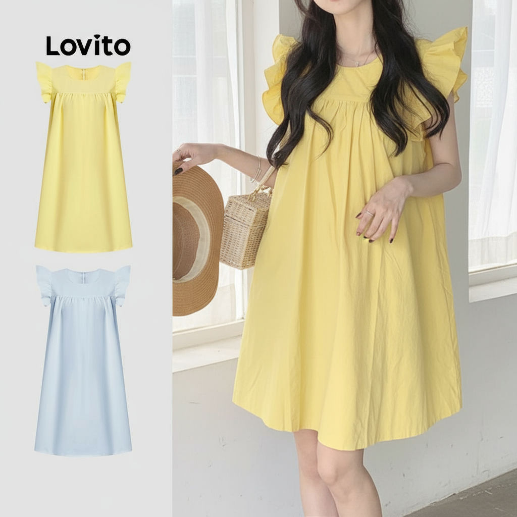 Lovito Vestido Feminino Casual com Babados Drapeado para Verão/Primavera L177AD076 em Oferta na Shopee
