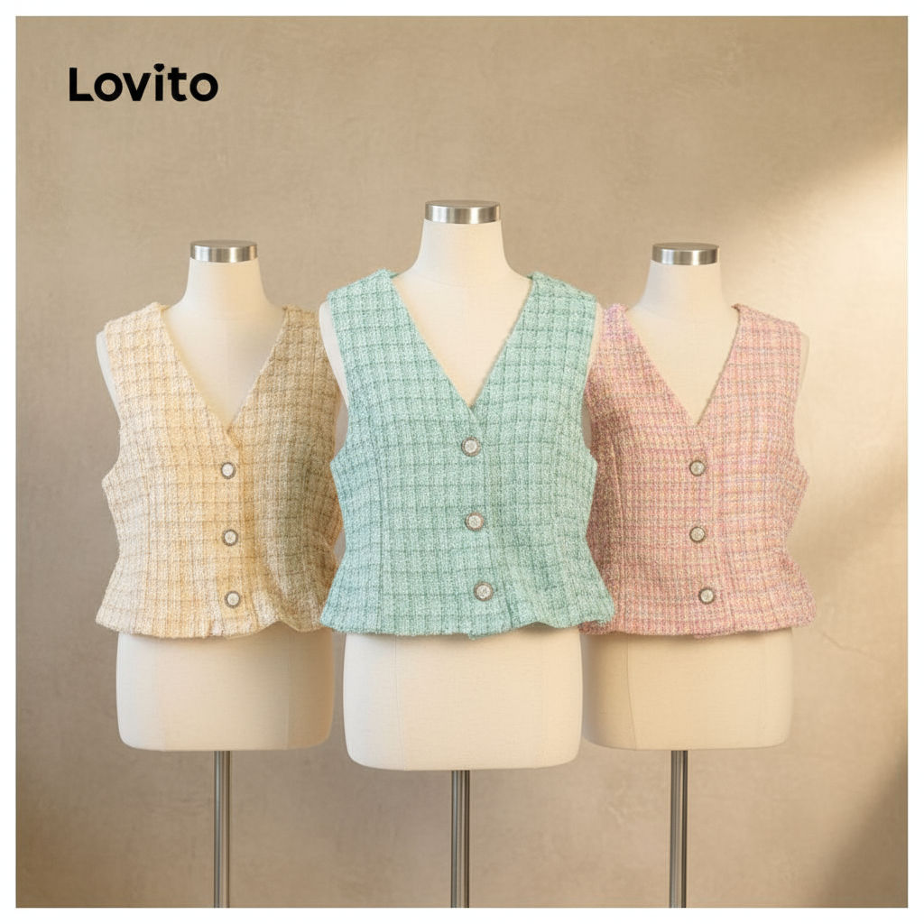 Lovito Blusa Feminina Casual Lisa de Tweed com Botões Frontais L74ED251 (Multicolorida)\4 em Oferta na Shopee