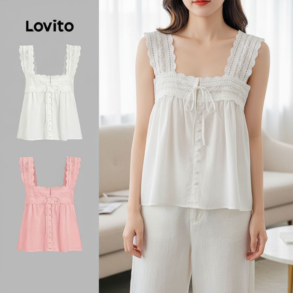 Lovito Top Boho Feminino em Renda Lisa Regata Verão Primavera L100MD371 em Oferta na Shopee
