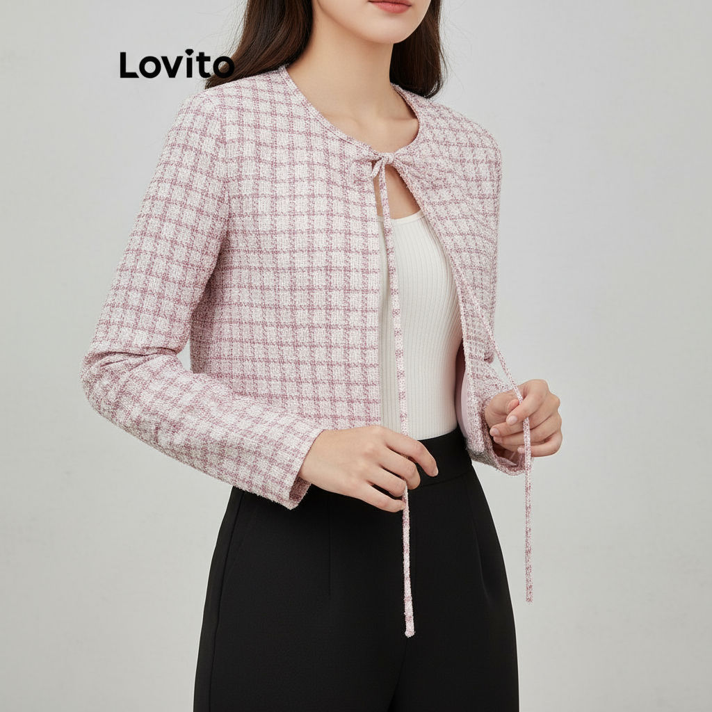 (Trendy2) Lovito Jaqueta Casual Guingão Com Cadarço E Laço Para Mulheres L98AD180 em Oferta na Shopee