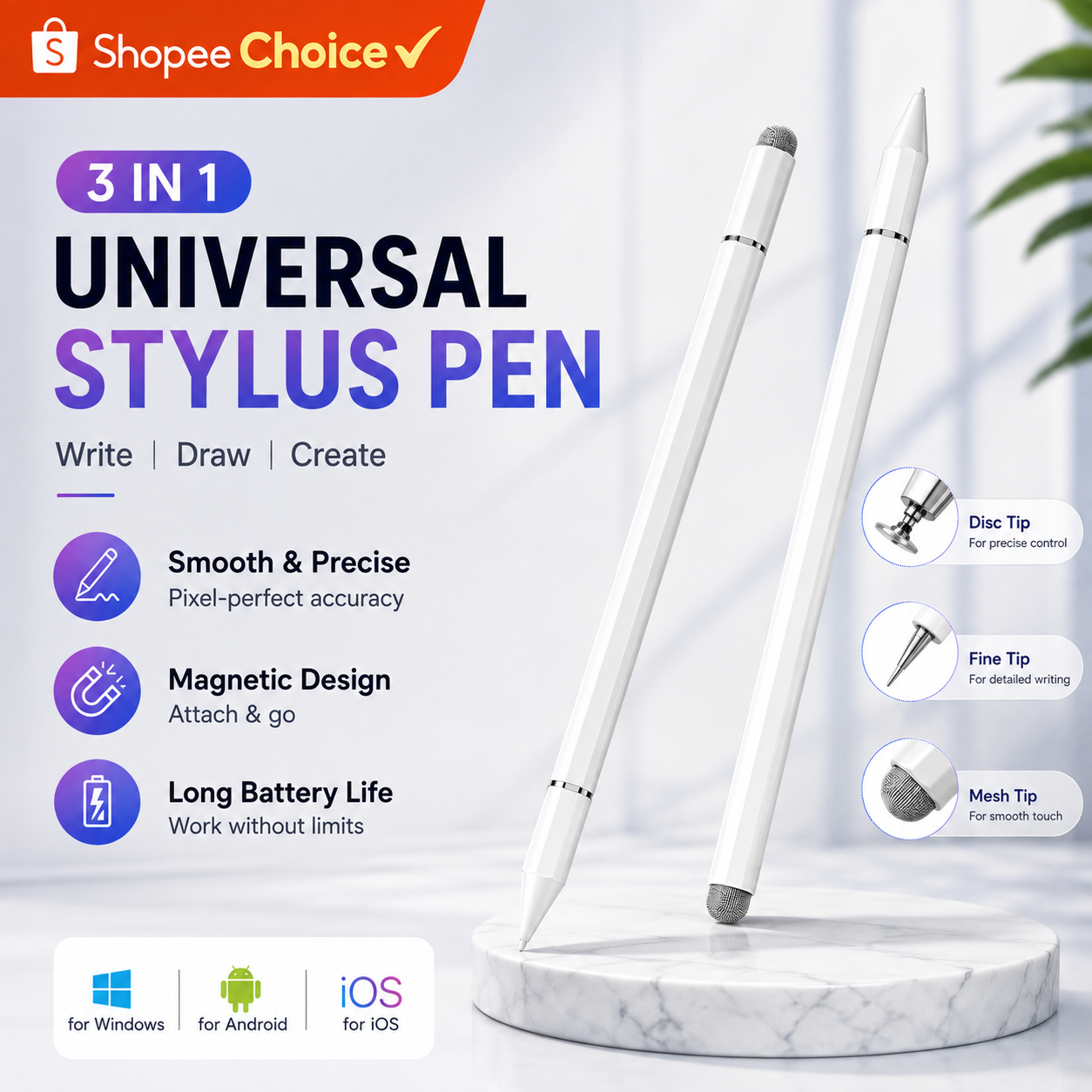 Caneta Stylus 3 Em 1 Touch Screen Esferográfica Desenho Lápis Capacitivo Para iP