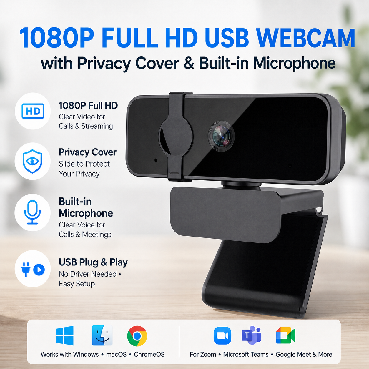 Câmera Web 1080P JCL para PC e notebook com microfone redutor de ruído, conexão USB Plug & Play, lente grande angular de