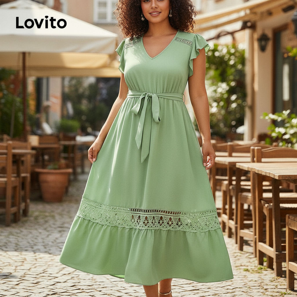 Lovito Vestido Elegante Curva Plus Size Com Babados De Renda Vestido De Verão/Primavera Para Mulheres LBL20536\2 em Oferta na Shopee