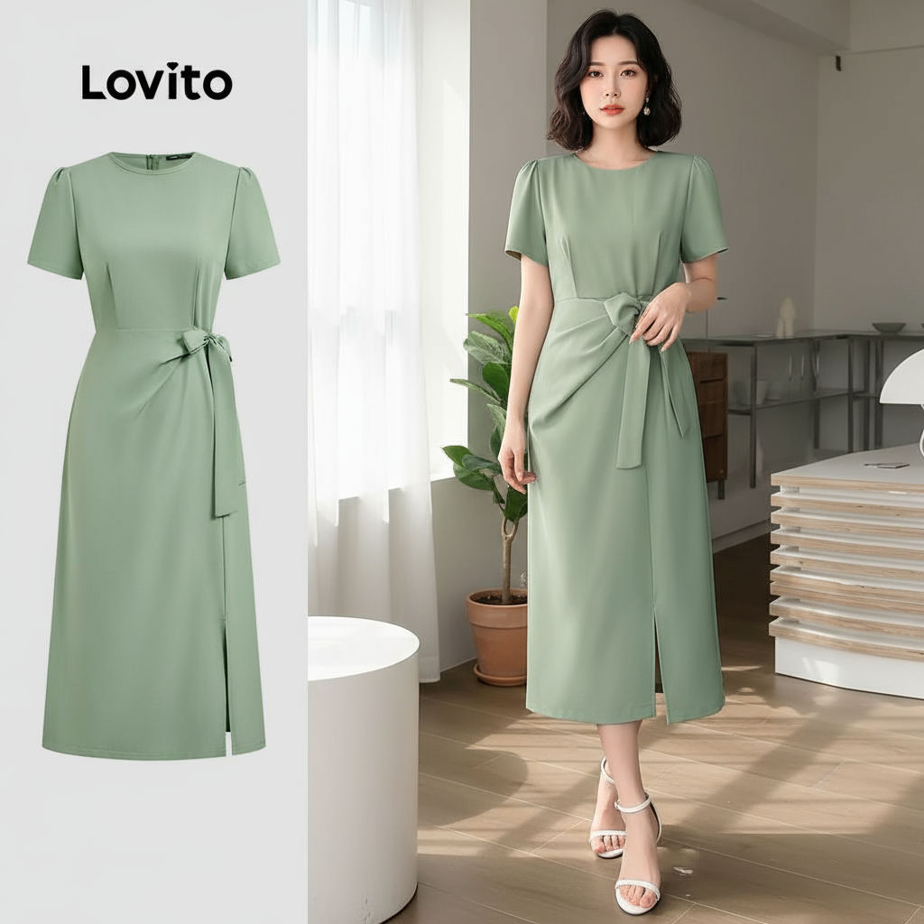 Lovito Vestido Feminino Casual Liso com Amarração L128ED187 em Oferta na Shopee