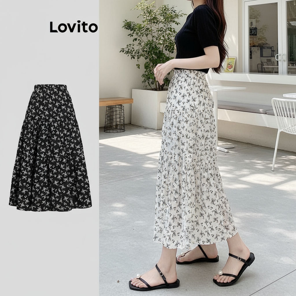 Lovito Saia Longa Feminina Estampada Floral Estilo Básico LNE17088 (Branca) em Oferta na Shopee