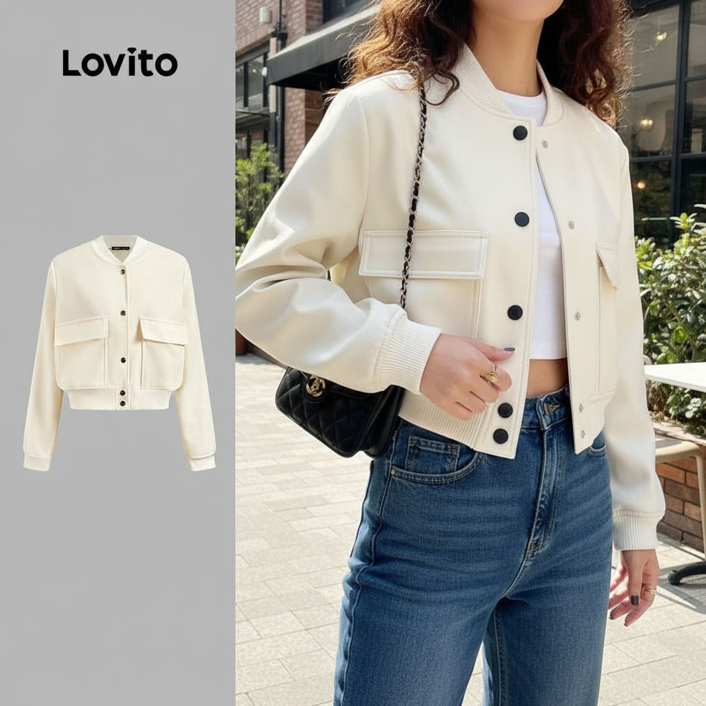 Lovito Jaqueta feminina casual com bolsos lisas LNM75189 em Oferta na Shopee
