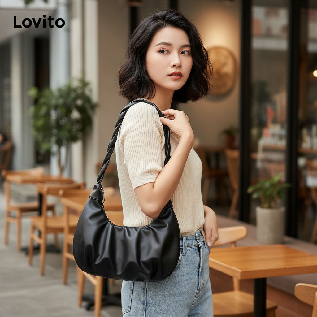 (trendy3)Lovito Sacola Casual Com Alça Superior Bolsa Plissada Lisa Para Mulheres L66AD043  (Branco/Preto) em Oferta na Shopee