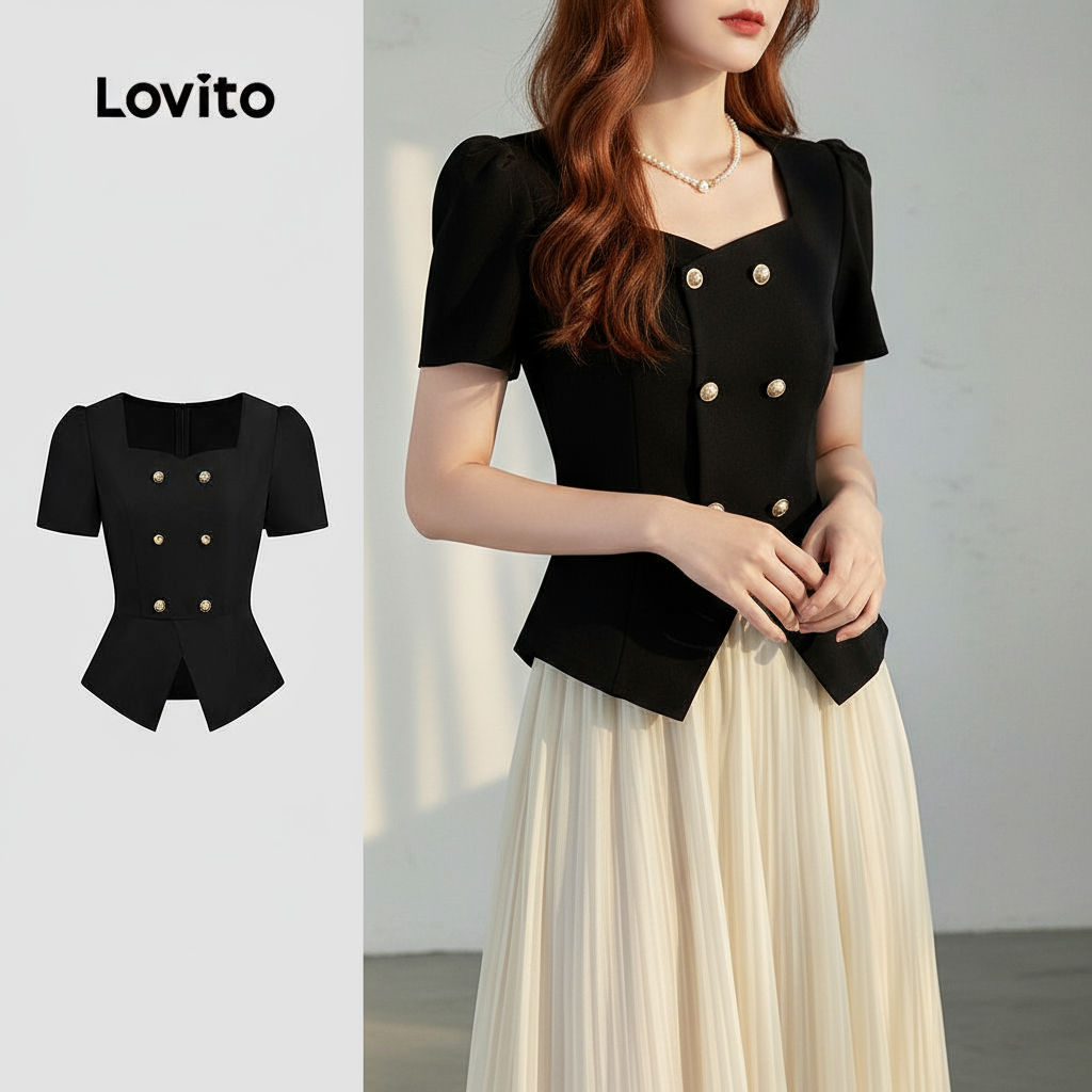 Blusa Feminina Lisa Elegante Com Botões Duplos Frontais de Metal Preta Primavera/Verão L135A2D196 em Oferta na Shopee